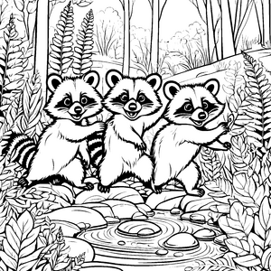 Drei abenteuerlustige Waschbär-Babys am schimmernden Bach Ausmalbild für kleine Entdecker mit großen Träumen