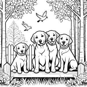 Vier quirrlige Labradorwelpen auf einer Bank Ausmalbild für kleine Hundefreunde