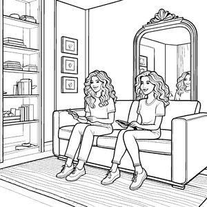 Zwei fröhliche Frauen mit Wellenfrisuren auf der Couch Ausmalmotiv für neugierige digitale Entdecker