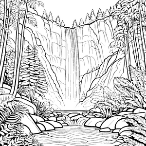 Faszinierender Wasserfall mit sanften Felsen Ausmalbild für kleine Abenteurer mit Fantasie