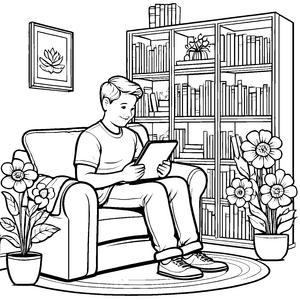 Faszinierender Junge mit Tablet und bunten Blumen Malvorlage für fantasievolle Bücherforscher