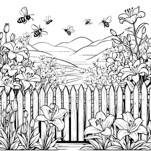 Bezaubernde Lilien zwischen summenden Bienen Malvorlage für fantasievolle Künstlermäuse