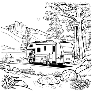 Abenteuerliches Wohnmobil in spektakulärer Berglandschaft Ausmalvorlage für kreative Globetrotter mit Entdeckergeist