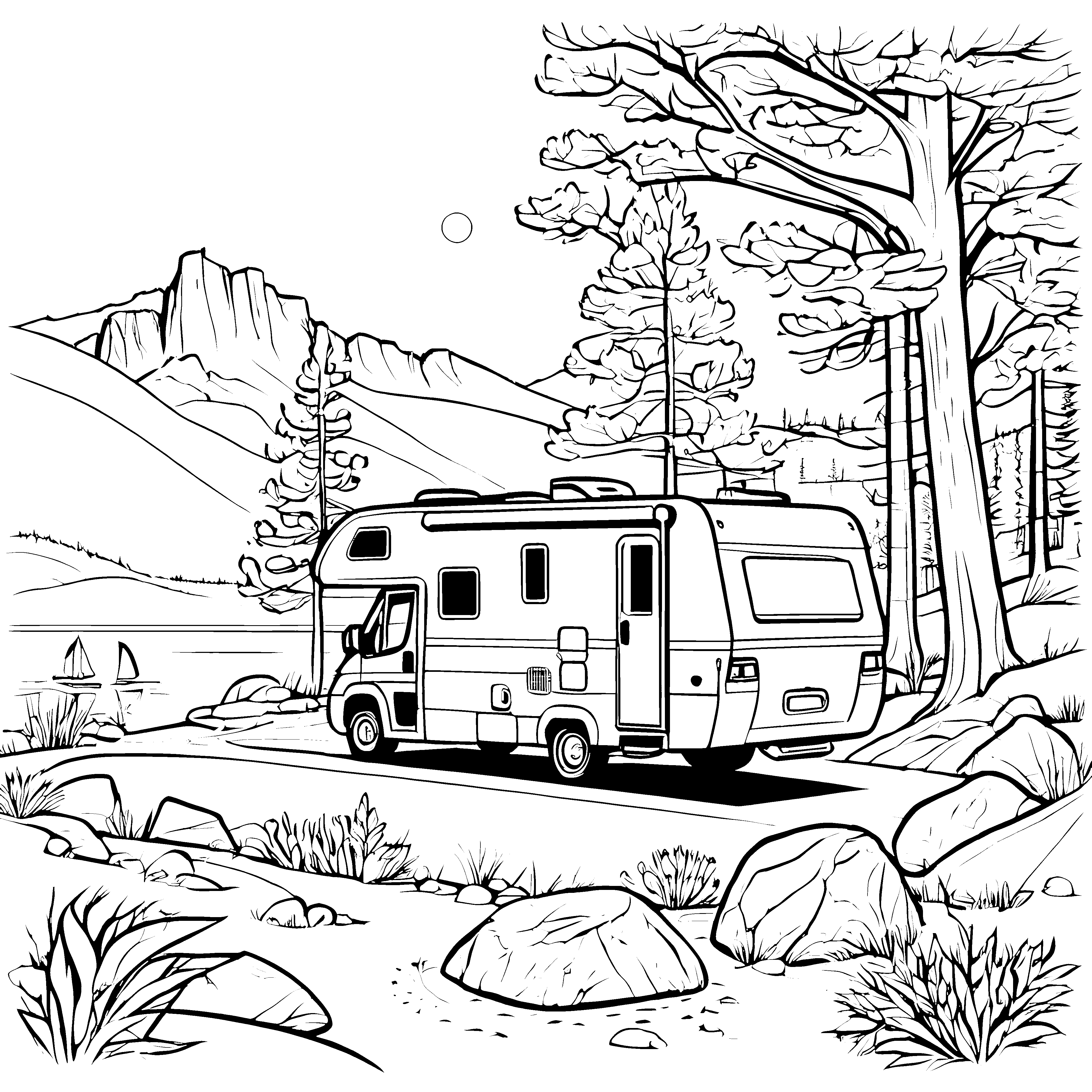 Abenteuerliches Wohnmobil in spektakulärer Berglandschaft Ausmalvorlage für kreative Globetrotter mit Entdeckergeist