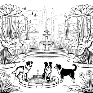 Bezaubernde Border Collies am spritzenden Brunnen Ausmalvorlage für wasserliebende Tierfreunde