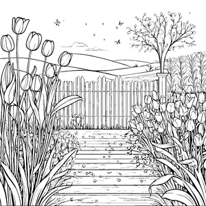 Strahlende Tulpen vor dem Gartenzaun Malvorlage für Blumenliebhaber und kleine Gartenfreunde