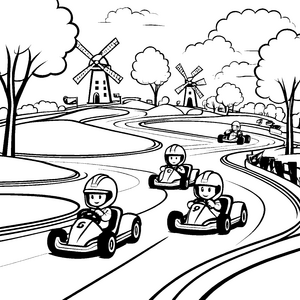Spaßige Go-Kart-Rennen auf der malerischen Strecke Ausmalvorlage für kleine Geschwindigkeitsliebhaber