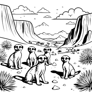 Vier fröhliche Erdmännchen Jungtiere vor dem Berg Ausmalvorlage für abenteuerlustige Tierfans und kreative Kunstliebhaber