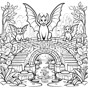 Lustige Gargoyles auf der magischen Brücke Ausmalmotiv für neugierige Entdecker