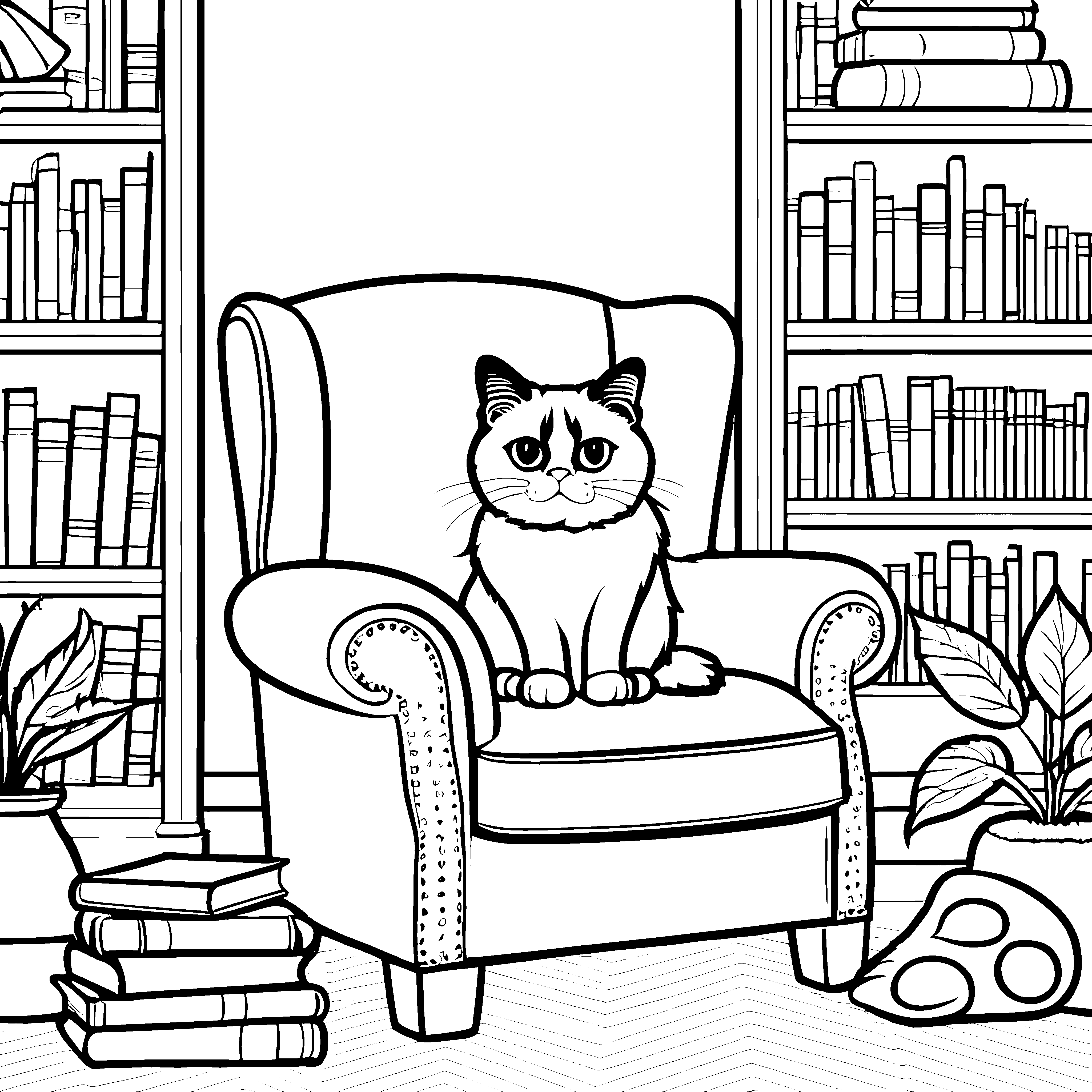 Grimmige Katze in gemütlichem Sessel Ausmalvorlage für aufgeweckte Bücherwürmer