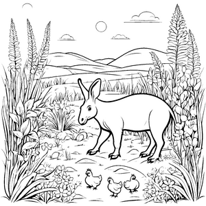 Neugierige Erdferkel umgeben von drei Hühnern Ausmalbild für kleine Erforscher