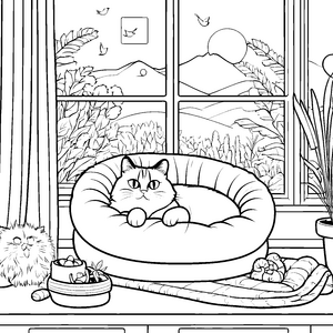 Grummelige Katze im gemütlichen Körbchen Ausmalmotiv für stille Schnurrfreunde