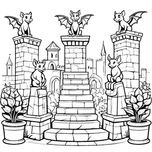 Bezaubernde Gargoyles auf geheimnisvollen Türmen Ausmalmotiv für kleine Zauberer