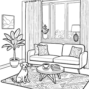 Retro-Sofa mit gemütlichem Hund und Pflanzen Ausmalbild für kreative Wohnraumgestalter