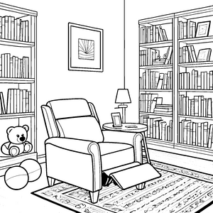 Entspannender Relaxsessel mit offenem Buch daneben Ausmalmotiv für phantasievolle Entdecker