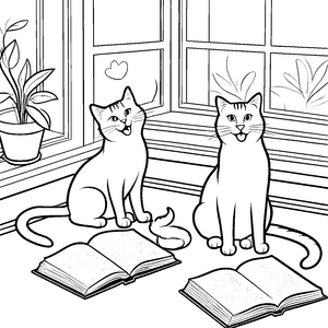 Gähnende Katzen in gemütlicher Leseecke Ausmalvorlage für entspannte Entdecker
