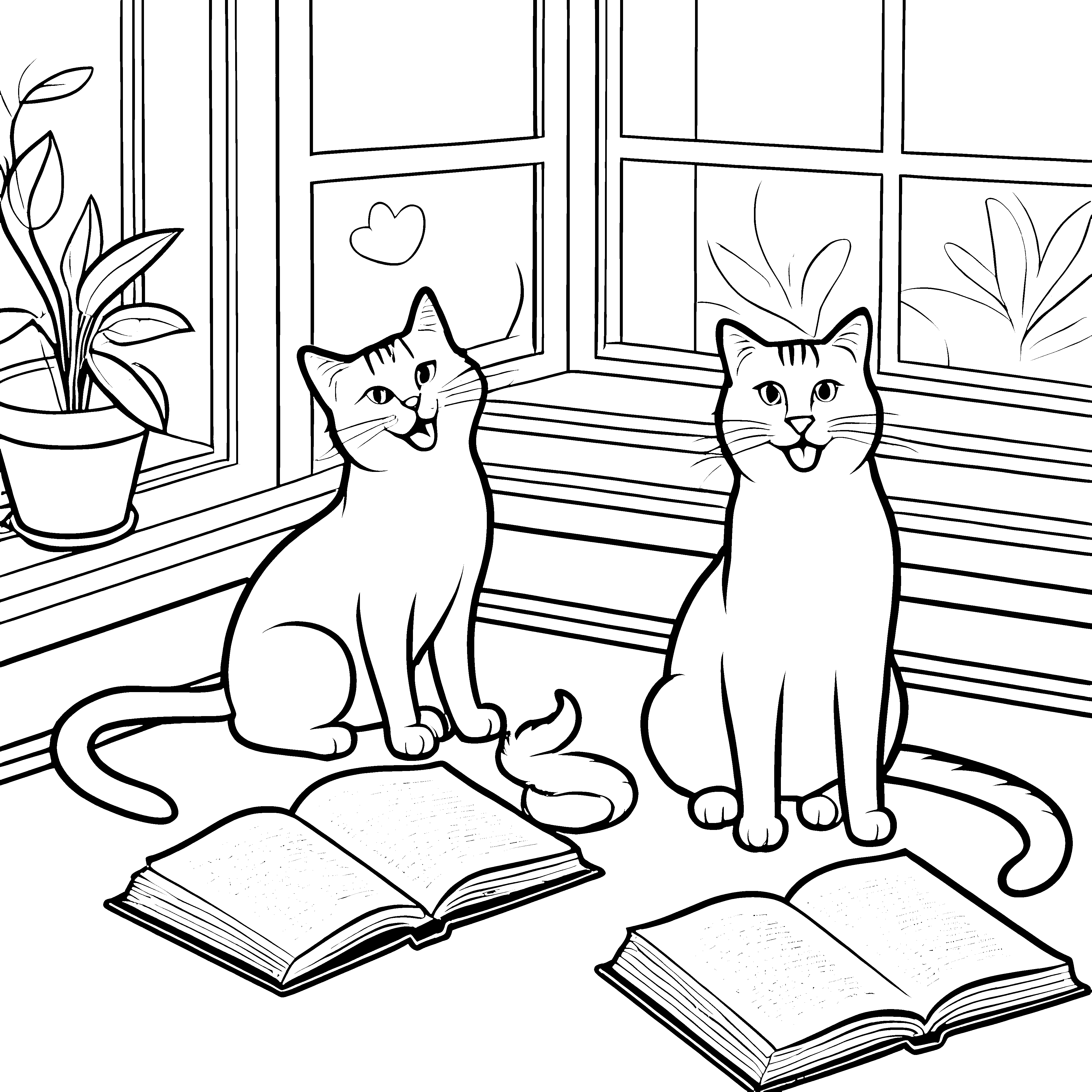 Gähnende Katzen in gemütlicher Leseecke Ausmalvorlage für entspannte Entdecker