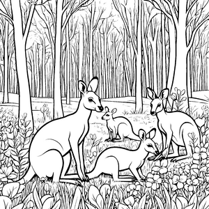 Fünf bezaubernde Känguru-Jungtiere im Wald Ausmalmotiv für kleine Entdecker mit großen Herzen