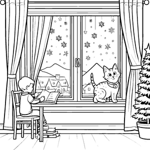 Glitzernde Schneeflocken im winterlichen Fensterbilderlebnis Ausmalvorlage für kreative Entdecker