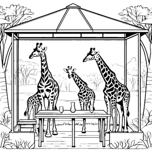 Bezaubernde Giraffenfamilie im gemütlichen Pavillon Ausmalvorlage für abenteuerlustige Tierfreunde