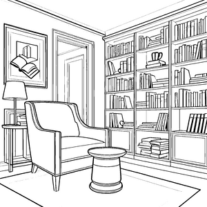 Entspannender Relaxsessel in einem charmanten Lesezimmer Malvorlage für neugierige Buchliebhaber