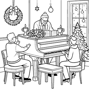 Faszinierende Senioren am Klavier in festlicher Atmosphäre Ausmalmotiv für musikalische Weihnachtsentdecker
