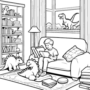 Dino-Abenteuer mit Junge auf der Couch Ausmalvorlage für mutige Geschichtenliebhaber