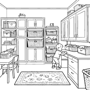 Neugieriges Kind erkundet Mehrzweckschrank in der Küche Ausmalmotiv für kleine Küchenchefs und fantasievolle Entdecker
