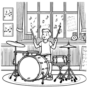 Junger Trommler mit Trommeln und coolen Stickern Ausmalbild für kleine Musikzauberer