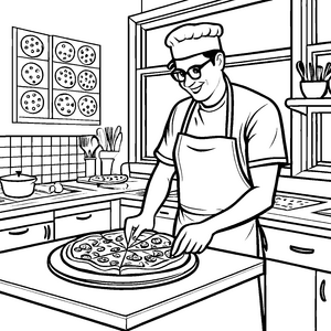 Kreativer Pizzabäcker bei der Arbeit Ausmalvorlage für junge Küchenchefs