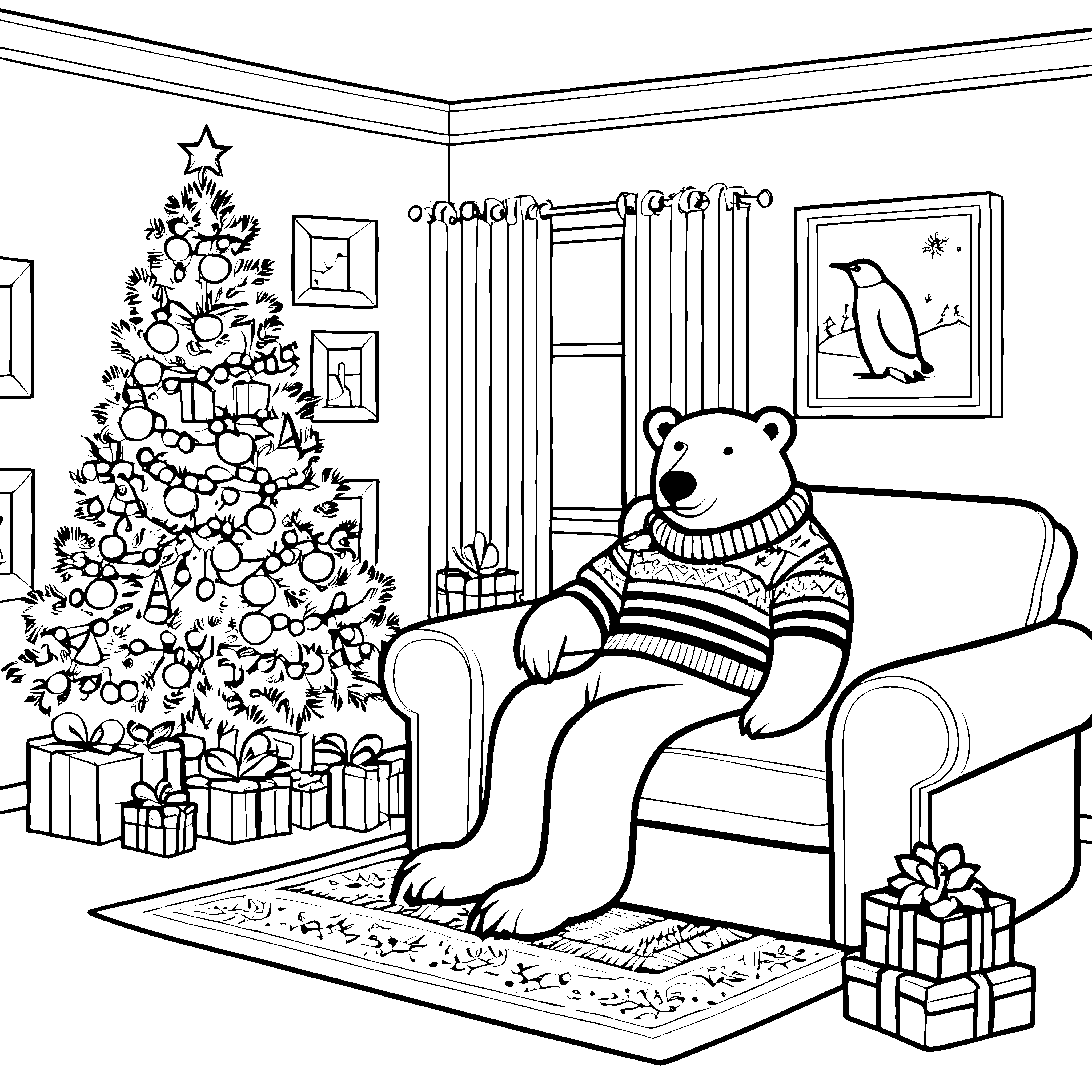 Charmanter Teddy im festlichen Pulli auf dem Sofa Ausmalbild für kleine Weihnachtsentdecker
