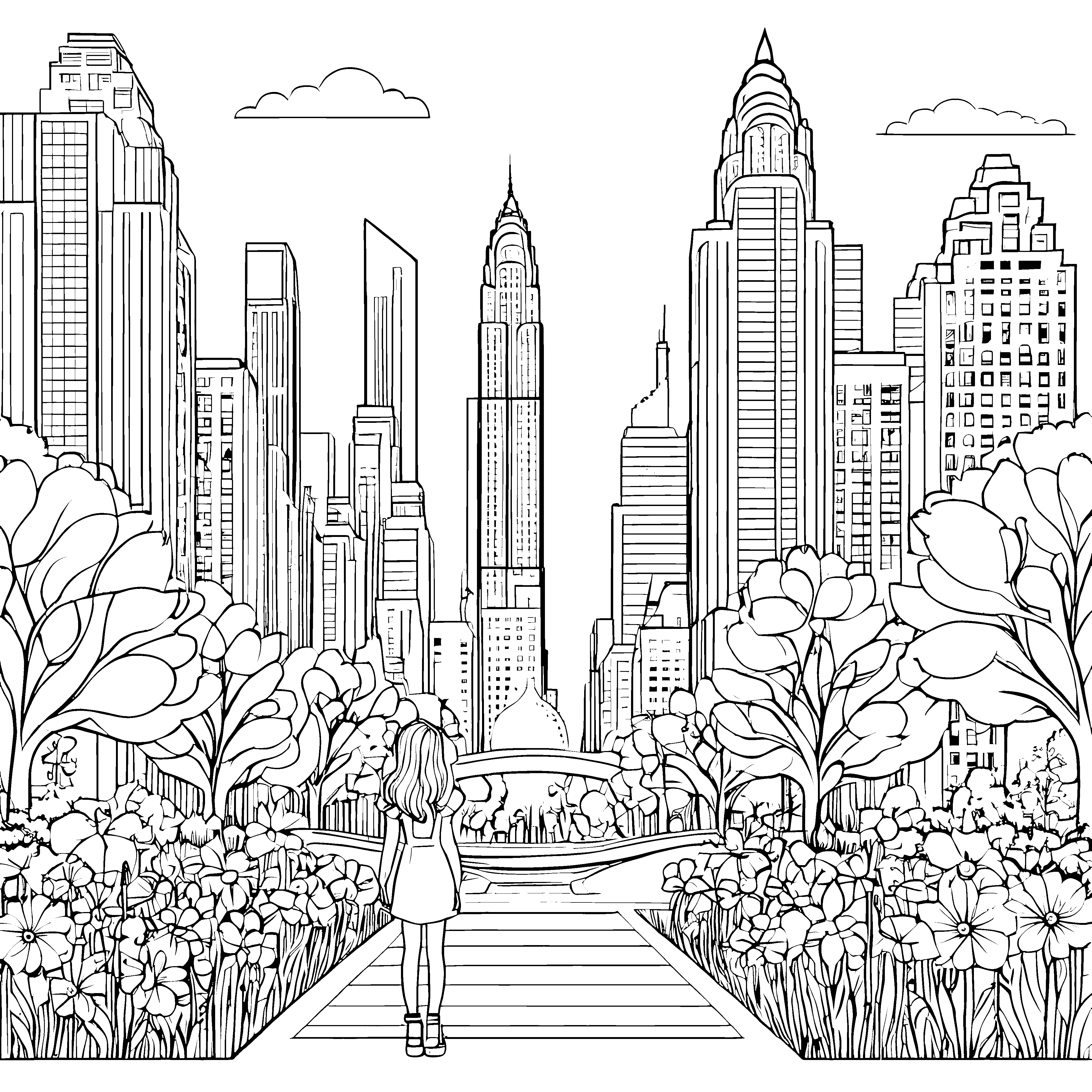 Futuristische Stadtlandschaften mit bunten Blumen Ausmalvorlage für kleine Visionäre