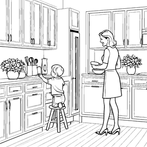 Bezaubernde Mutter und Kind am Küchenschrank Ausmalbild für kleine Küchenforscher und kreative Entdecker