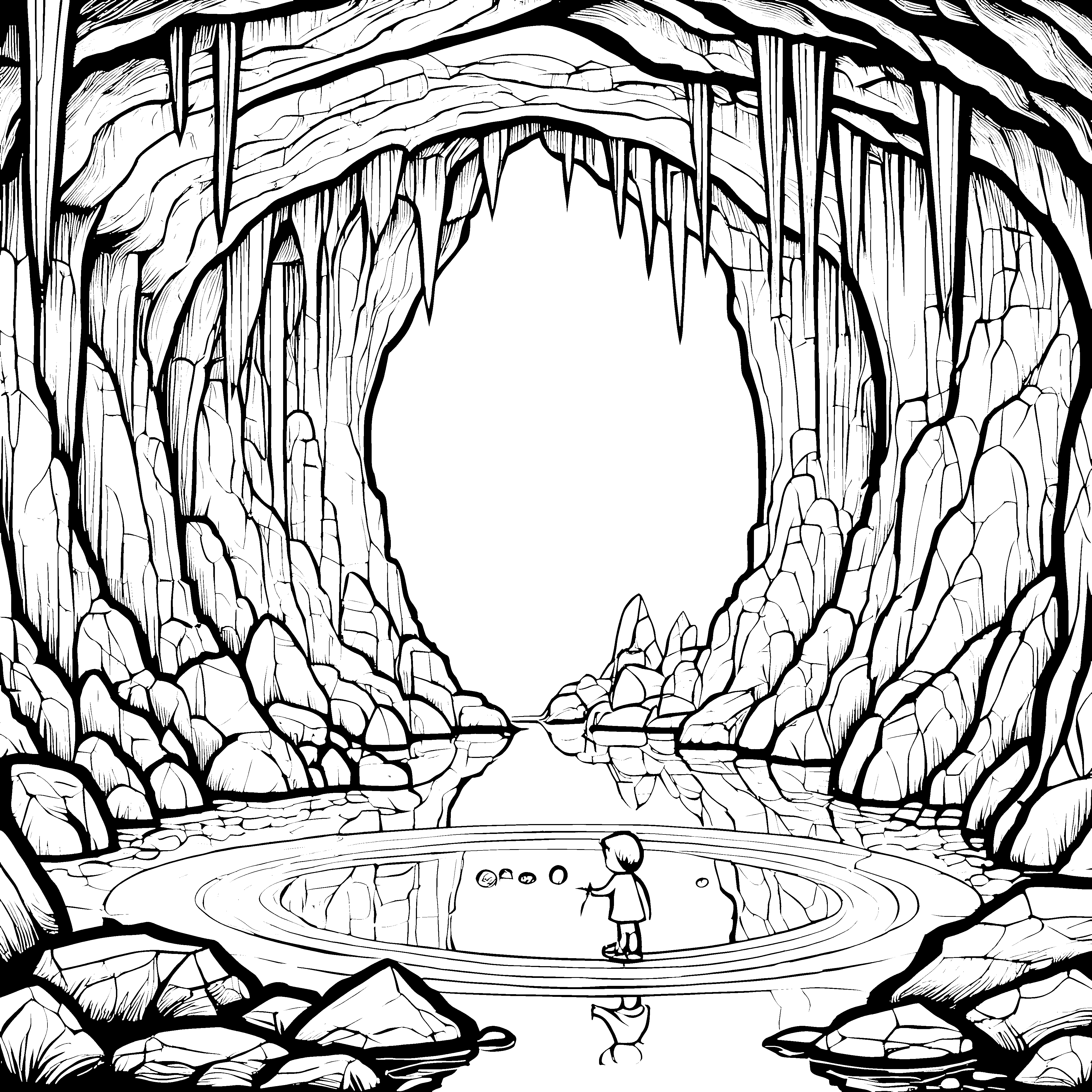 Magische Höhle mit glitzerndem Wasser Ausmalvorlage für neugierige Entdecker
