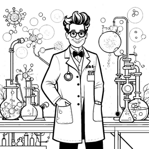 Verrückter Wissenschaftler im Labor mit bunten Experimenten Ausmalvorlage für kreative Forscherfreunde