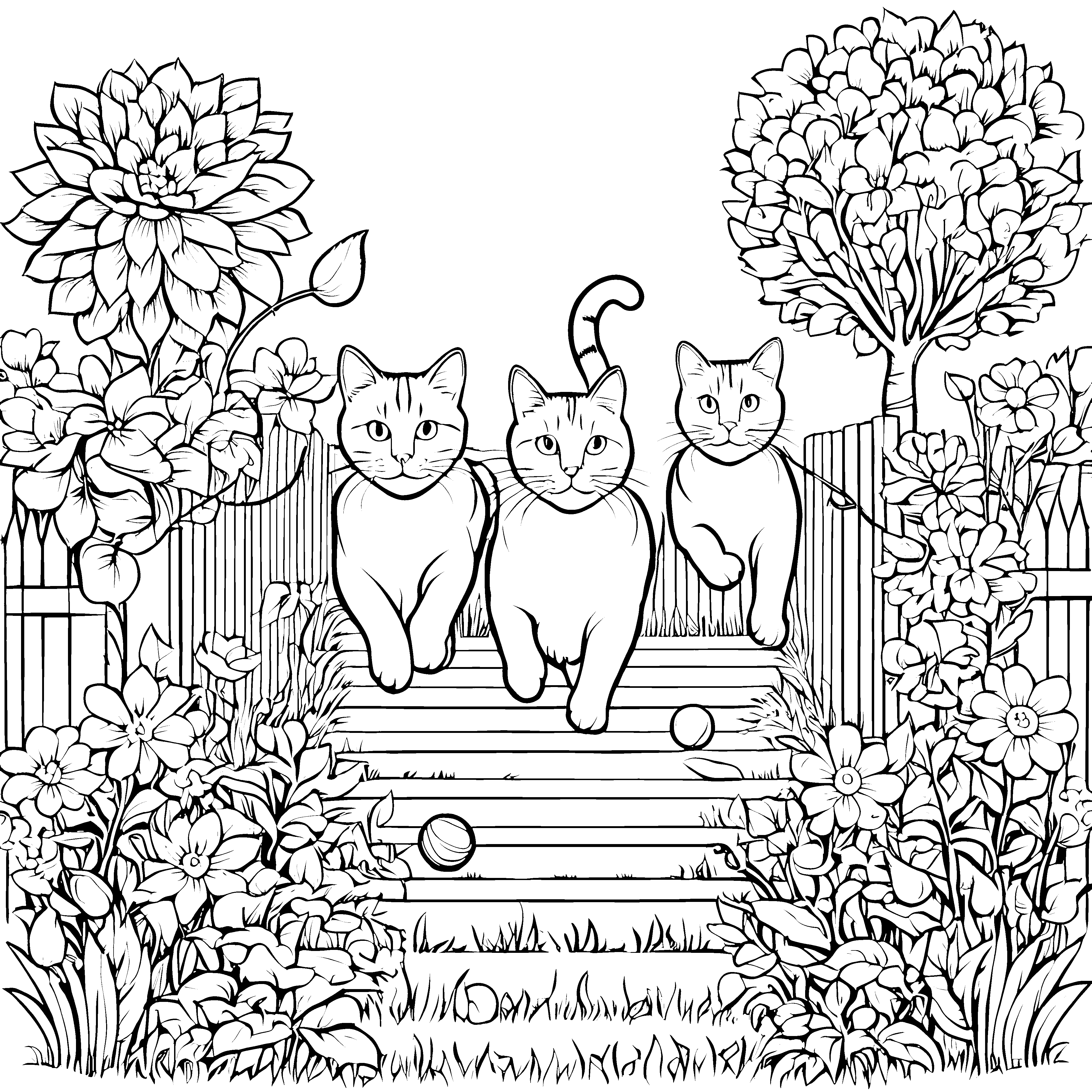 Drei flinke Katzen jagen einem sportlichen Ball nach Ausmalmotiv für kleine Tierentdecker