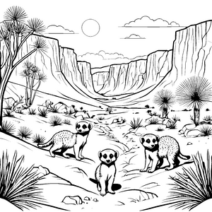 Drei abenteuerlustige Erdmännchen Jungtiere zwischen Felsen Ausmalbild für junge Naturforscher und neugierige Tierliebhaber