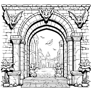 Lustige Gargoyles im geheimnisvollen Burgtor Ausmalbild für neugierige Architekten