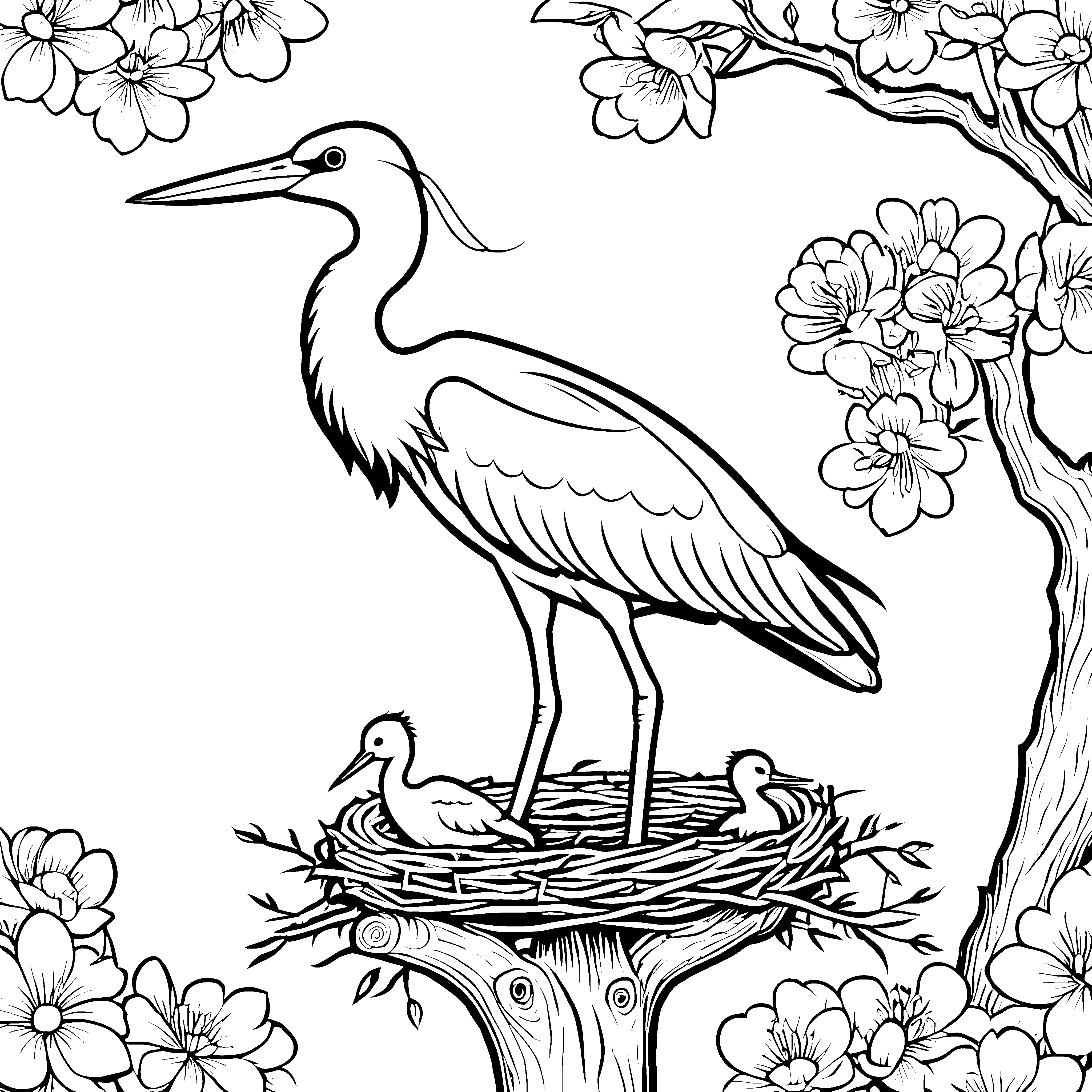 Fürsorglicher Storch im Nest mit zwei Küken Malvorlage für erfinderische Tierfreunde