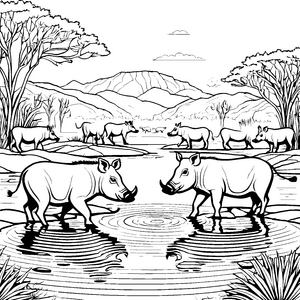 Frohes Warzenschwein-Pärchen am sprudelnden Fluss Ausmalvorlage für kleine Naturforscher