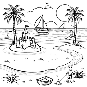 Traumhafte Sandburg am strahlenden Strand Ausmalvorlage für kleine Urlaubsabenteurer