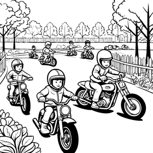 Abenteuerliche Motorradfahrt im fröhlichen Park Ausmalvorlage für kleine Geschwindigkeitsexperten