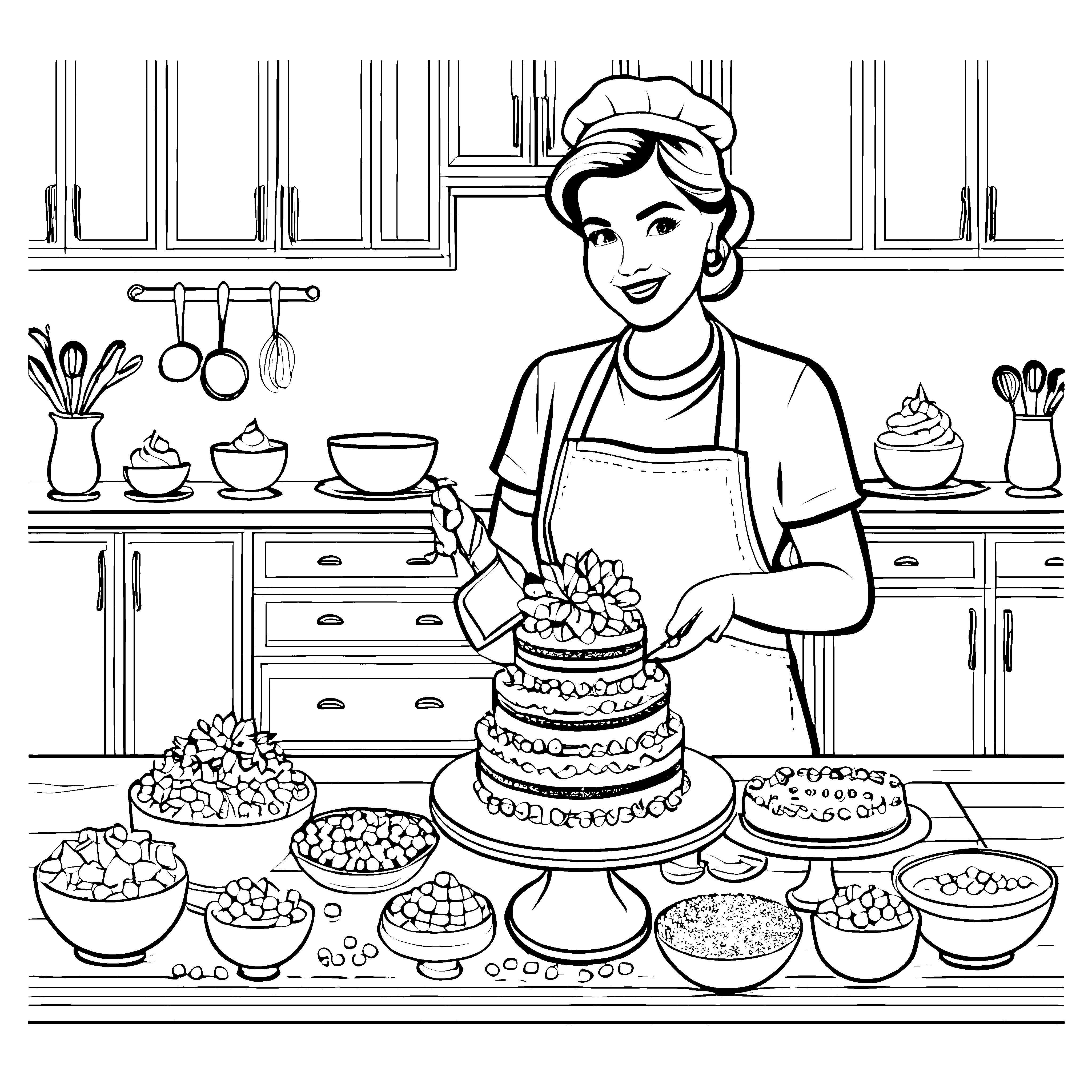 Fröhliche Köchin mit köstlichem Mehrstufen-Kuchen Malvorlage für kleine Küchenzauberer