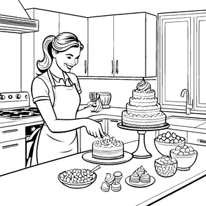 Kunstvolle Bäckerin schneidet köstliche Torte Ausmalvorlage für kleine Genusssucher