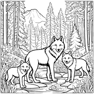 Drei faszinierende Wolfsbabys am plätschernden Bach Malvorlage für kleine Tierabenteurer