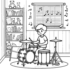 Lebhafter Junge mit Spielzeug-Schlagzeug Ausmalvorlage für kleine Musikzauberer