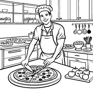 Fröhlicher Pizzabäcker mit köstlicher Pizza Ausmalvorlage für hungrige Künstler