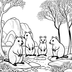 Fröhliche Quokkas beim lustigen Pläuschchen Ausmalmotiv für kleine Tierentdecker