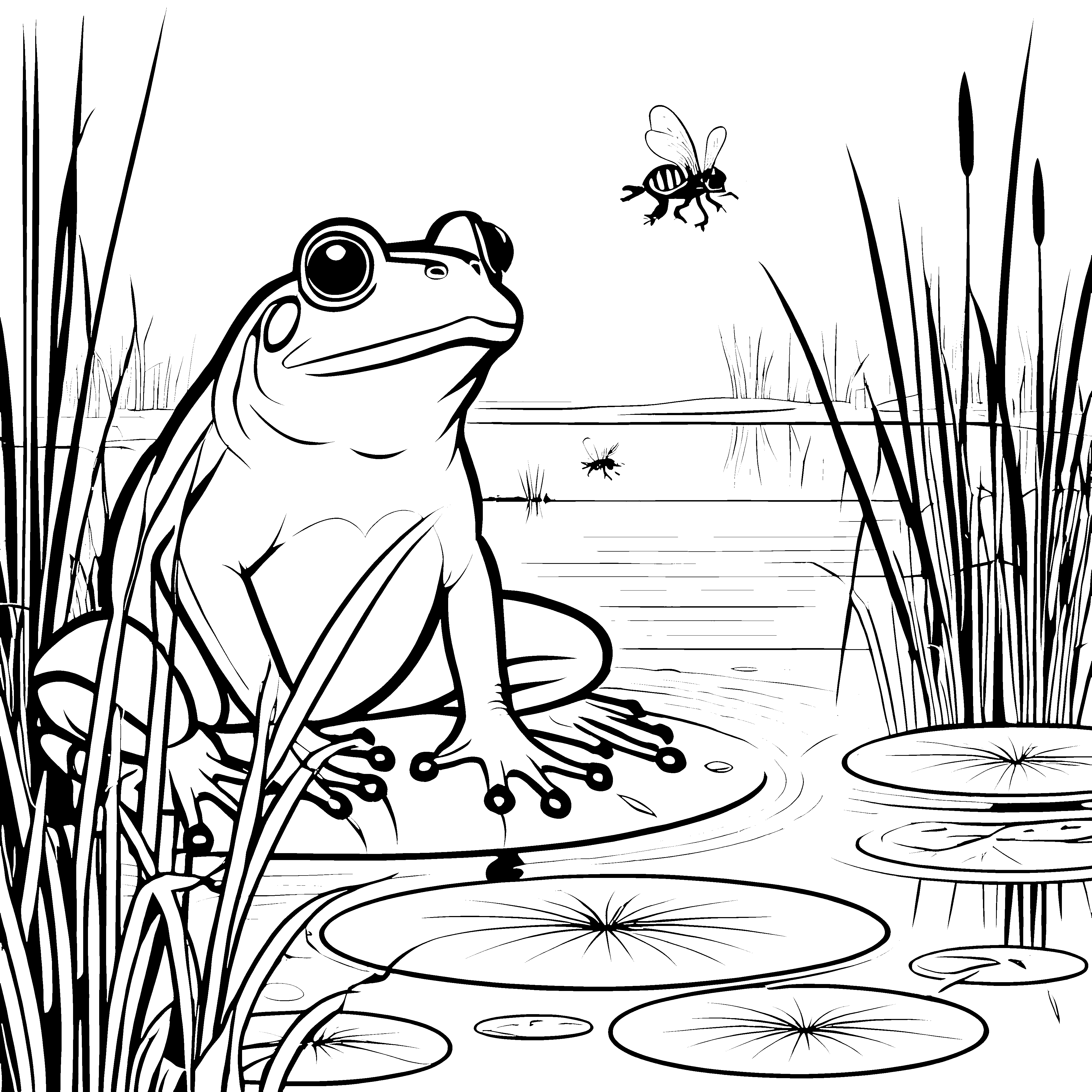 Frosch auf Wasserlilie mit fliegendem Insekt Ausmalbild für neugierige Wasserentdecker