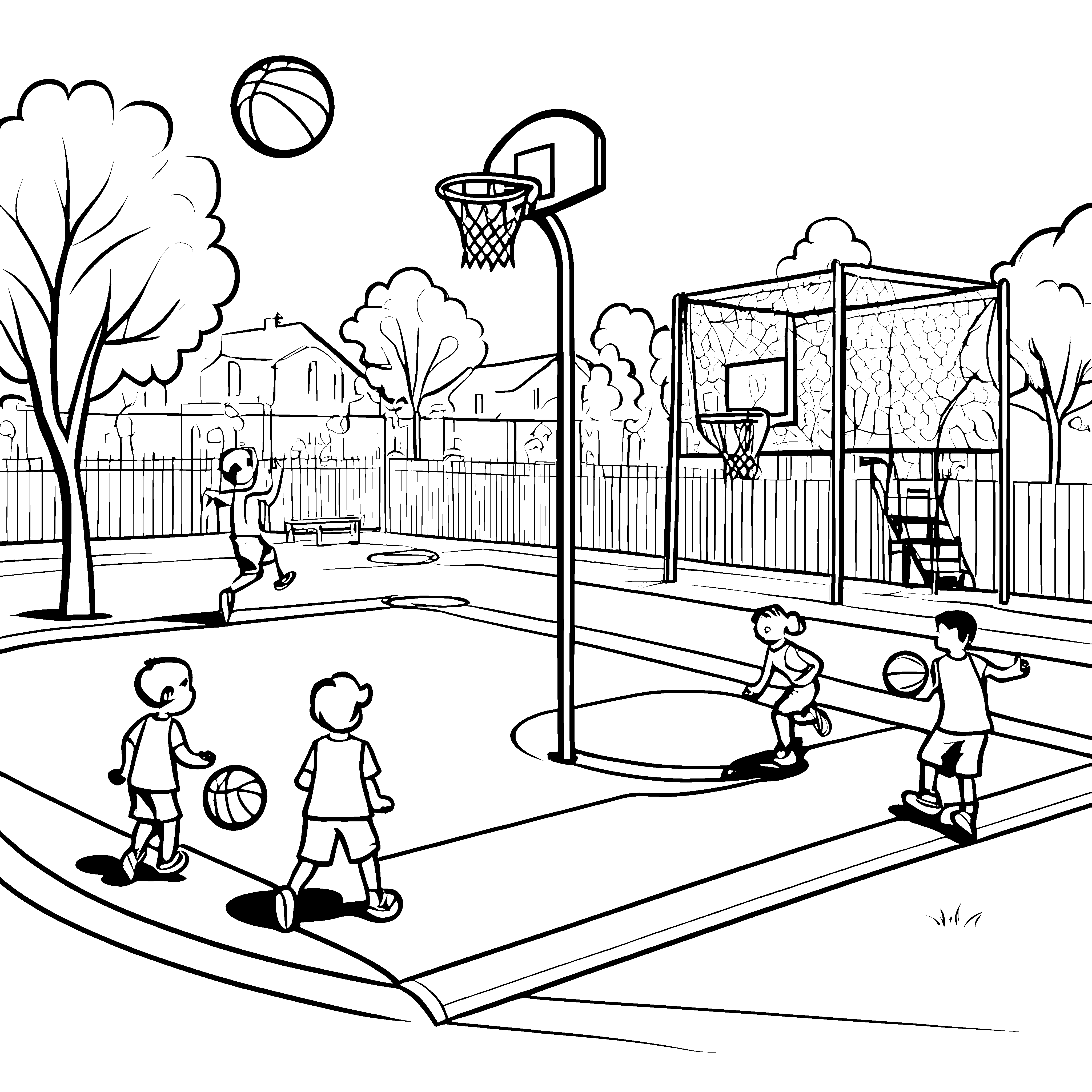 Dynamisches Basketballspiel mit fröhlichen Kindern Ausmalbild für aktive Sportfreunde